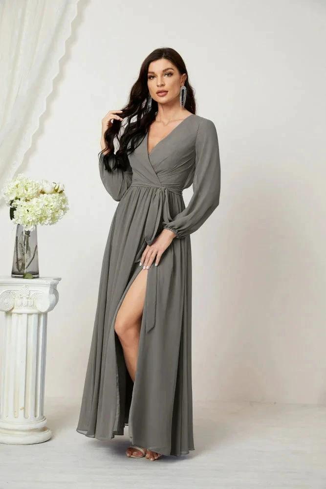 Sunnderly Evening Dresses Deep V-Neck Chiffon Bridesmaid Dresses Long Bishop Sleeve Side Split Formal Dress SY2806 by numbersea