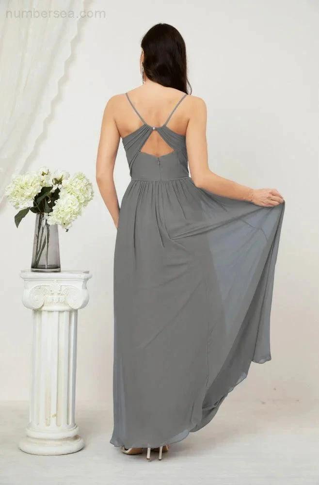 Numbersea Neck Bridesmaid Dresses Chiffon Long Spaghetti A-line Formal Prom Gown for Wedding Party Evening 2801 by numbersea
