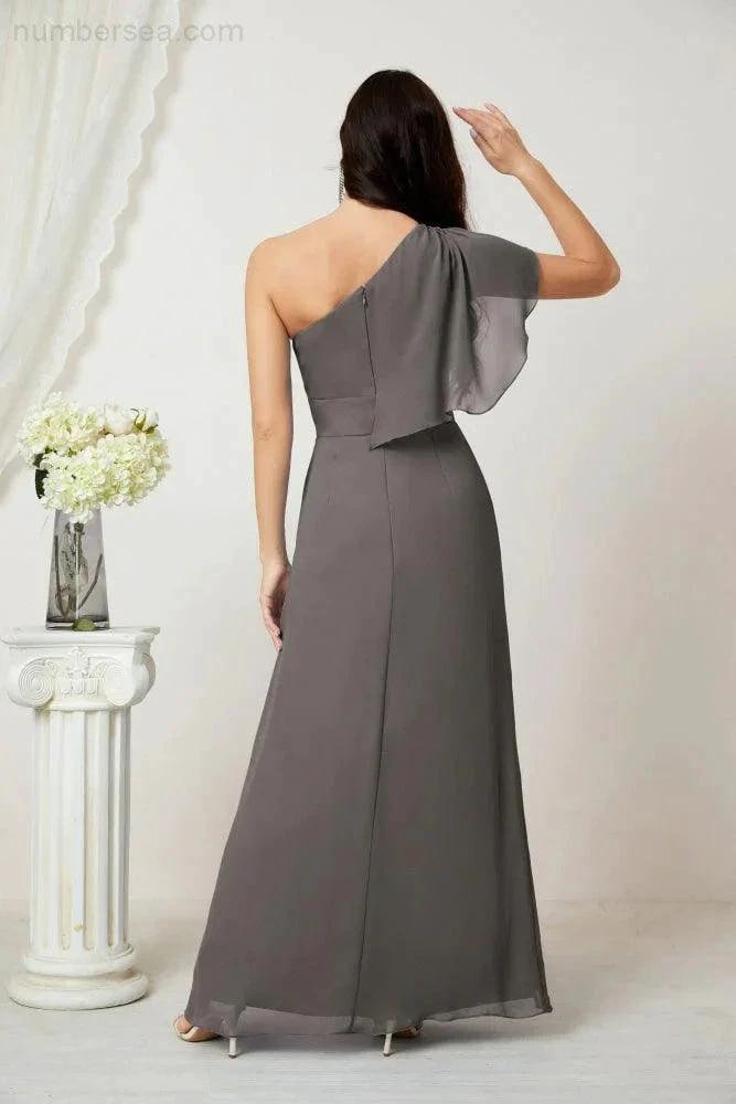 Numbersea Chiffon Ruffled One Shoulder Long Bridesmaid Dresses A-line Formal Evening Gown Side Split 2809 by numbersea