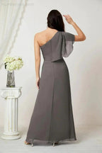 Numbersea Chiffon Ruffled One Shoulder Long Bridesmaid Dresses A-line Formal Evening Gown Side Split 2809 by numbersea