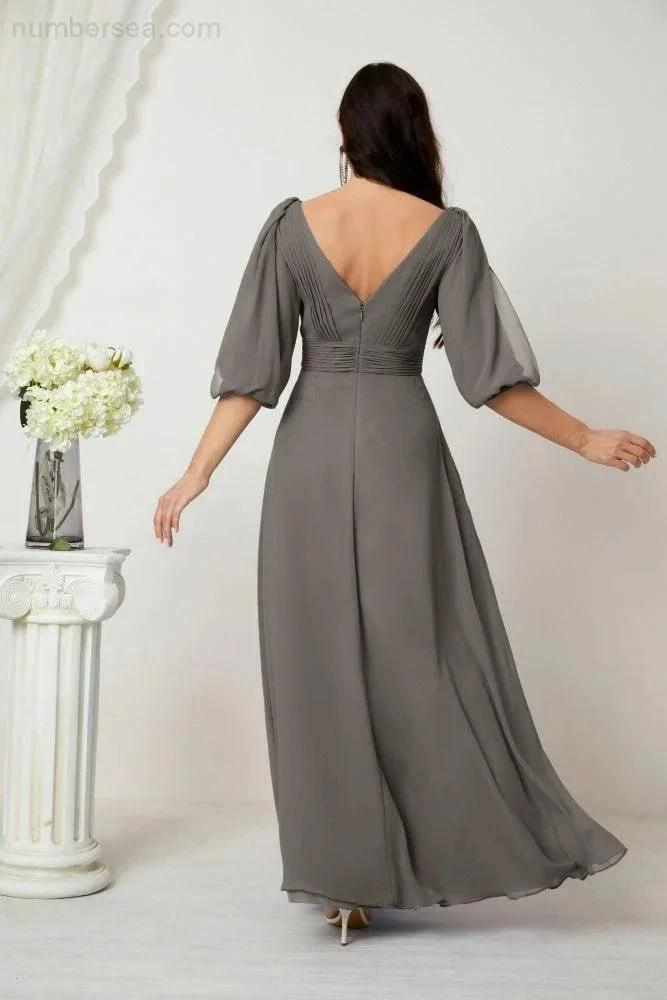Numbersea Formal Prom Gown Women V-Neck Chiffon Bridesmaid Dresses Long Bishop Sleeve Party Dress 2807 by numbersea