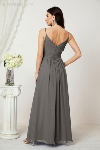 Numbersea Chiffon V-Neck Bridesmaid Dress Spaghetti Strap Long Formal Party Prom Gowns with Slit 28010