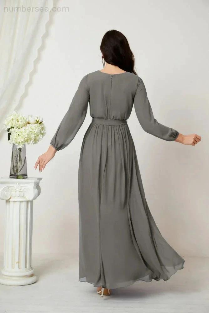 Sunnderly Evening Dresses Deep V-Neck Chiffon Bridesmaid Dresses Long Bishop Sleeve Side Split Formal Dress SY2806 by numbersea