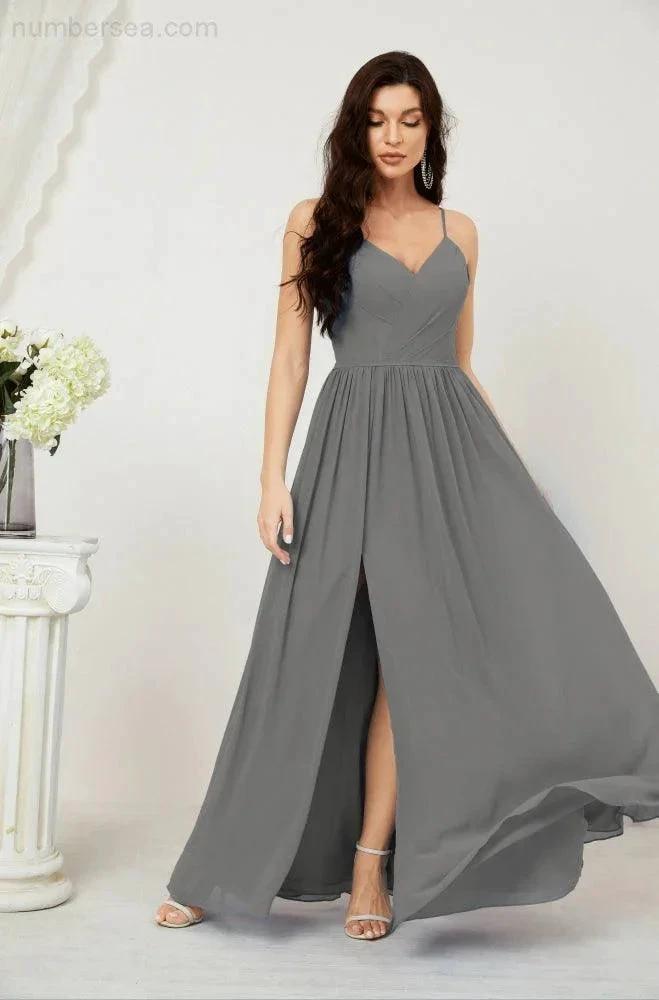 Numbersea Neck Bridesmaid Dresses Chiffon Long Spaghetti A-line Formal Prom Gown for Wedding Party Evening 2801 by numbersea