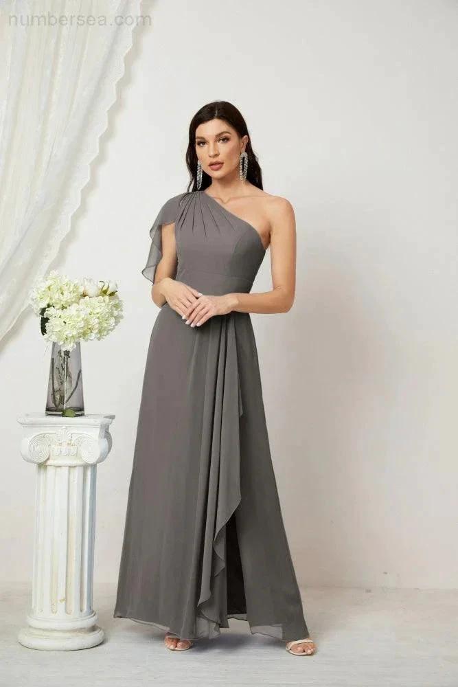Numbersea Chiffon Ruffled One Shoulder Long Bridesmaid Dresses A-line Formal Evening Gown Side Split 2809 by numbersea