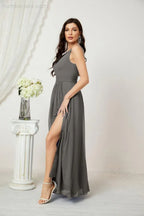 Robe de demoiselle d'honneur en mousseline Numbersea à col en V, bretelles fines, longue robe de soirée formelle avec fente 28010