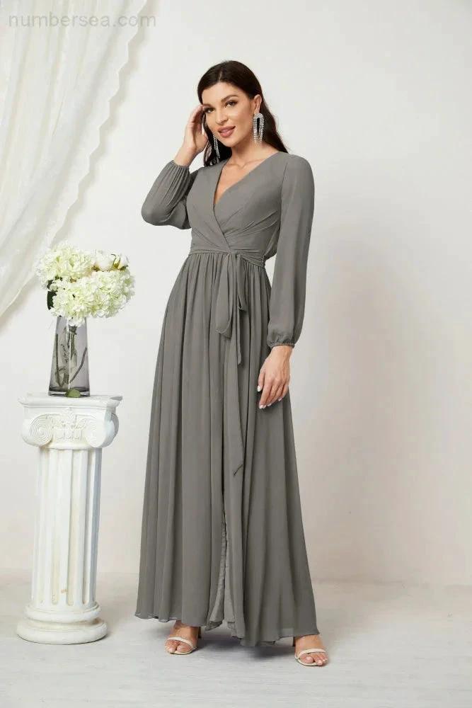 Sunnderly Evening Dresses Deep V-Neck Chiffon Bridesmaid Dresses Long Bishop Sleeve Side Split Formal Dress SY2806 by numbersea