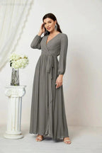Sunnderly Evening Dresses Deep V-Neck Chiffon Bridesmaid Dresses Long Bishop Sleeve Side Split Formal Dress SY2806 by numbersea