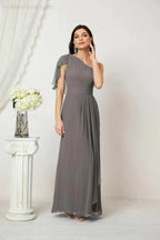Numbersea Chiffon Ruffled One Shoulder Long Bridesmaid Dresses A-line Formal Evening Gown Side Split 2809 by numbersea