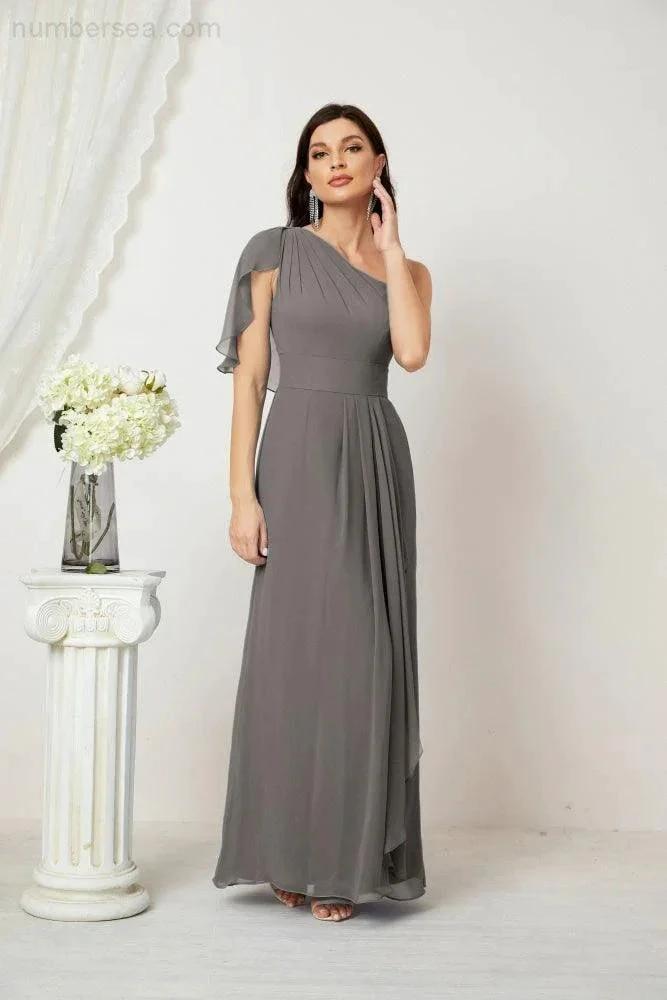 Numbersea Chiffon Ruffled One Shoulder Long Bridesmaid Dresses A-line Formal Evening Gown Side Split 2809 by numbersea