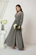 Sunnderly Evening Dresses Deep V-Neck Chiffon Bridesmaid Dresses Long Bishop Sleeve Side Split Formal Dress SY2806 by numbersea