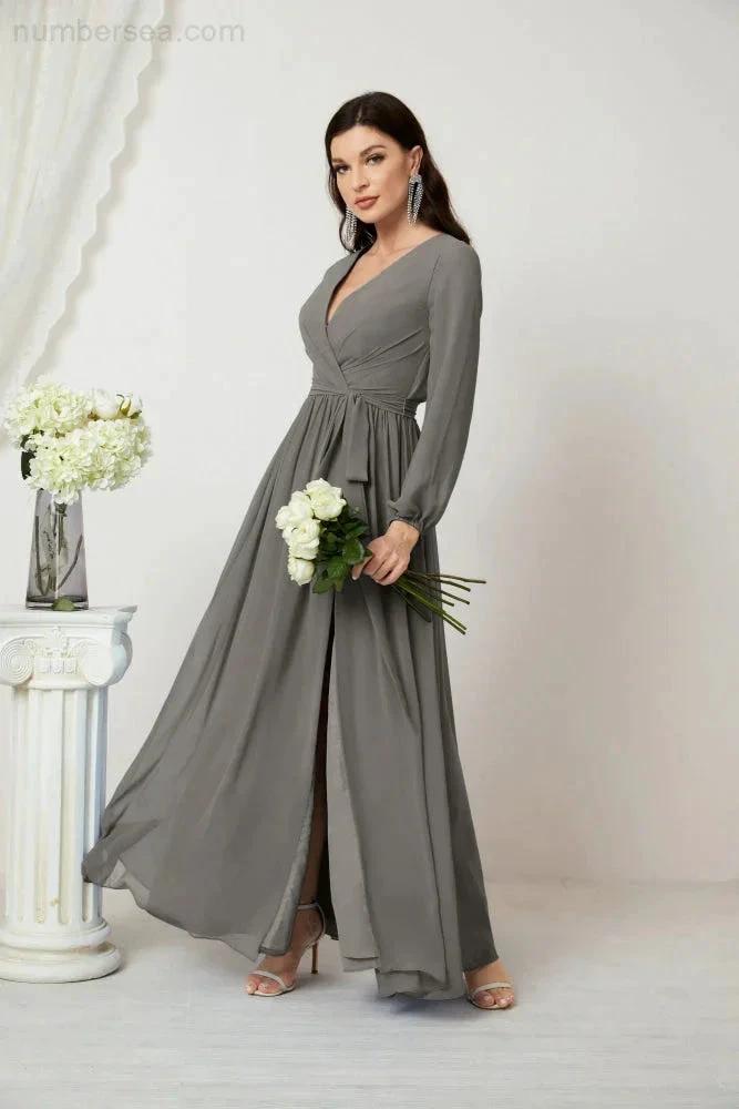 Sunnderly Evening Dresses Deep V-Neck Chiffon Bridesmaid Dresses Long Bishop Sleeve Side Split Formal Dress SY2806 by numbersea
