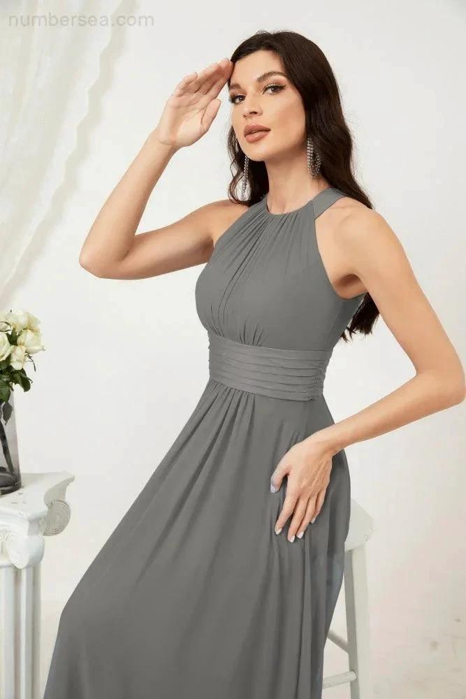 Numbersea Formal Party Gown Dress Chiffon Halter Long Sleeveless Bridesmaid Dresses 2802 by numbersea