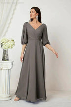 Numbersea Formal Prom Gown Women V-Neck Chiffon Bridesmaid Dresses Long Bishop Sleeve Party Dress 2807 by numbersea