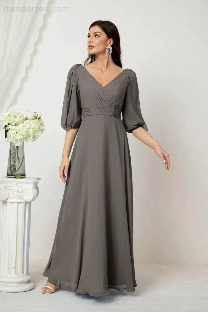 Numbersea Formal Prom Gown Women V-Neck Chiffon Bridesmaid Dresses Long Bishop Sleeve Party Dress 2807 by numbersea