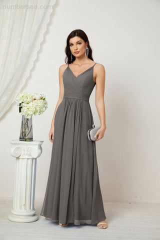 Numbersea Chiffon V-Neck Bridesmaid Dress Spaghetti Strap Long Formal Party Prom Gowns with Slit 28010