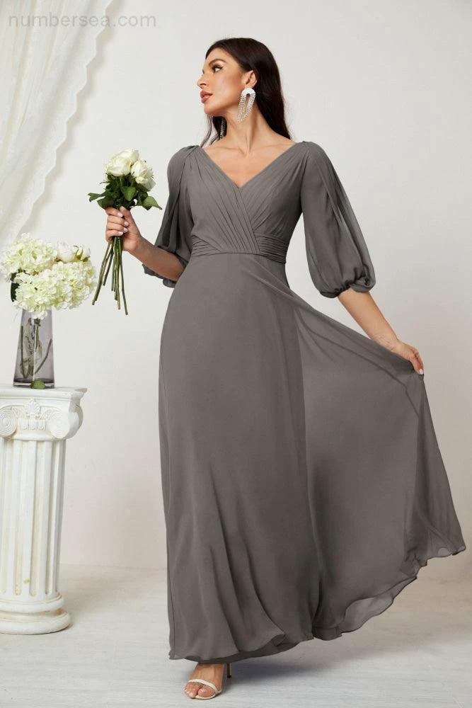 Numbersea Formal Prom Gown Women V-Neck Chiffon Bridesmaid Dresses Long Bishop Sleeve Party Dress 2807 by numbersea