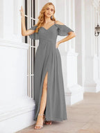 Numbersea Cold Shoulder Long Bridesmaid Dresses Side Slit Formal Prom Gowns Party Wedding 28070 by numbersea