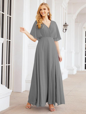 Numbersea V-Neck Bridesmaid Dress Chiffon Long Open Back Formal Dresses for Women Party Evening 28067