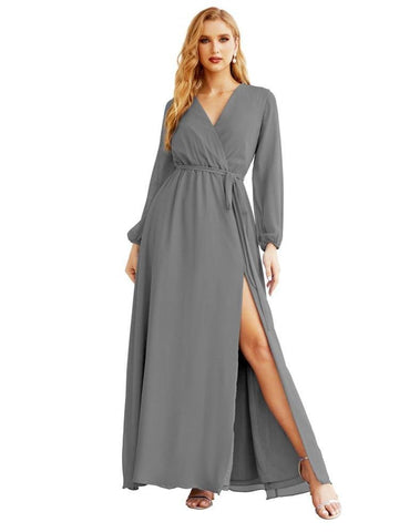 Women's Chiffon Bridesmaid Dress A line Long Sleeves Formal Evening Prom Gown for Wedding Guest SEA28032