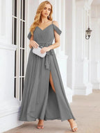 Numbersea Off The Shoulder Chiffon Bridesmaid Dress Long Formal Graduation Gown with Cowl Back 28069 by numbersea