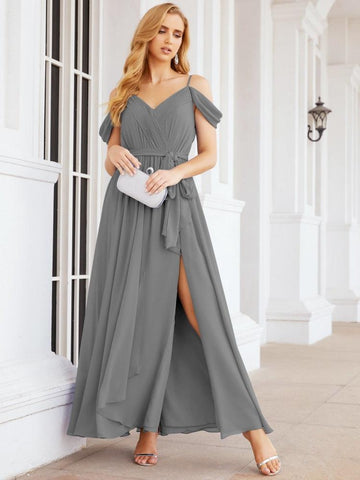 Numbersea Off The Shoulder Chiffon Bridesmaid Dress Long Formal Graduation Gown with Cowl Back 28069