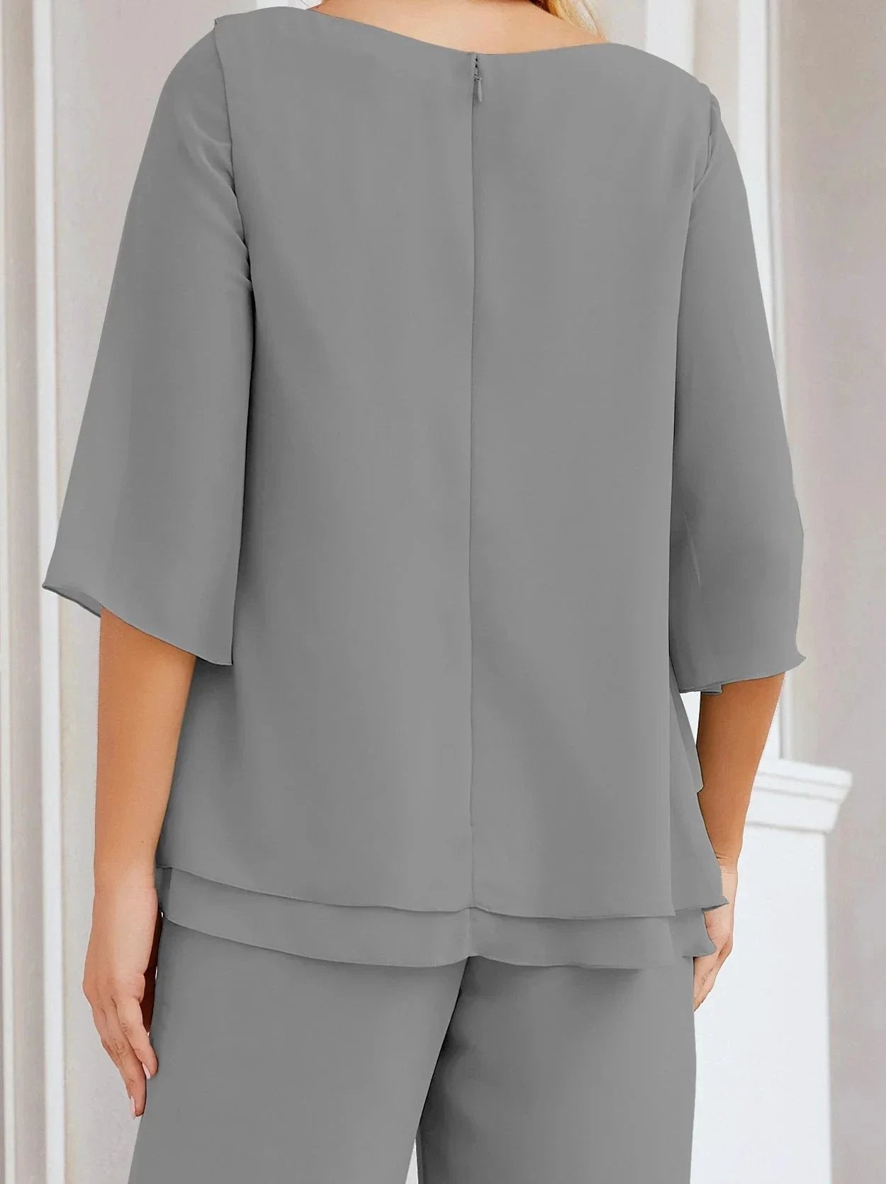 Sunnderly Elegant 2 Piece Mother of The Bride Dress Plus Size Pant Suits Ruffle Layers Sliver Housecoat SY28064 by numbersea