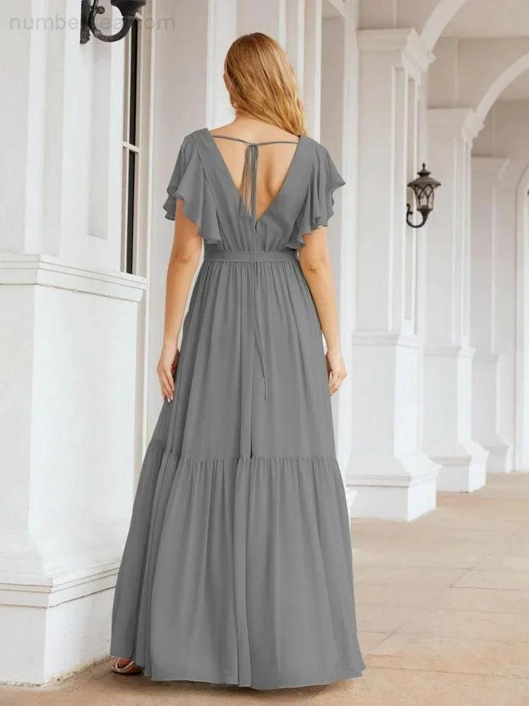 Numbersea Women's Open Back Formal Evening Party Prom Gowns V-Neck Long Chiffon Bridesmaid Dresses with Waist Belt 28038 by numbersea