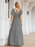 Numbersea Women's Open Back Formal Evening Party Prom Gowns V-Neck Long Chiffon Bridesmaid Dresses with Waist Belt 28038 by numbersea