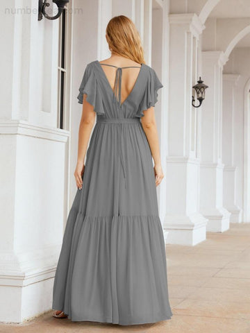 Numbersea Women's Open Back Formal Evening Party Prom Gowns V-Neck Long Chiffon Bridesmaid Dresses with Waist Belt 28038