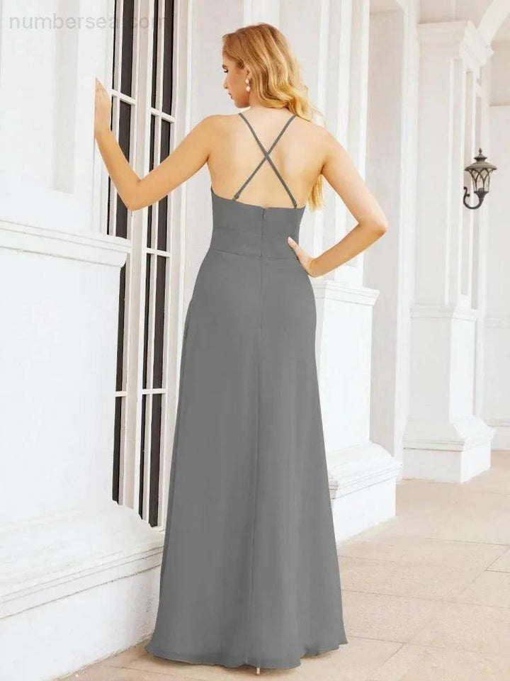 Numbersea Halter Bridesmaid Dresses with Pockets Sleeveless Formal Evening Party Prom Gowns 28055 by numbersea