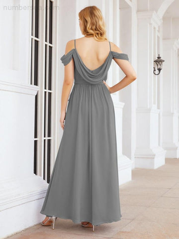 Numbersea Off The Shoulder Chiffon Bridesmaid Dress Long Formal Graduation Gown with Cowl Back 28069