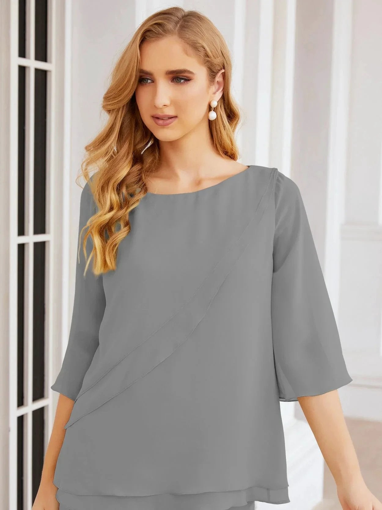 Sunnderly Elegant 2 Piece Mother of The Bride Dress Plus Size Pant Suits Ruffle Layers Sliver Housecoat SY28064 by numbersea