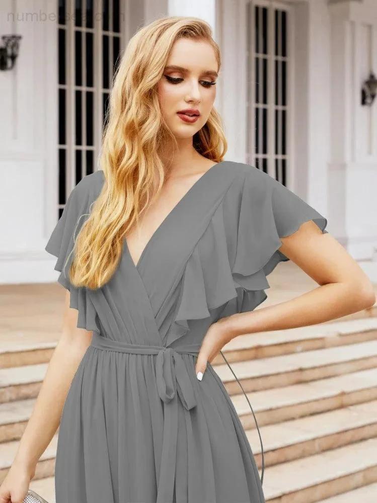 Numbersea Women's Open Back Formal Evening Party Prom Gowns V-Neck Long Chiffon Bridesmaid Dresses with Waist Belt 28038 by numbersea