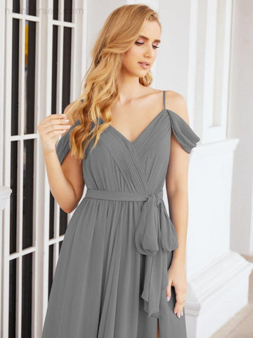 Numbersea Off The Shoulder Chiffon Bridesmaid Dress Long Formal Graduation Gown with Cowl Back 28069