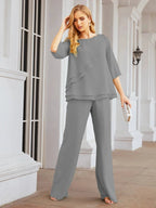 Sunnderly Elegant 2 Piece Mother of The Bride Dress Plus Size Pant Suits Ruffle Layers Sliver Housecoat SY28064 by numbersea