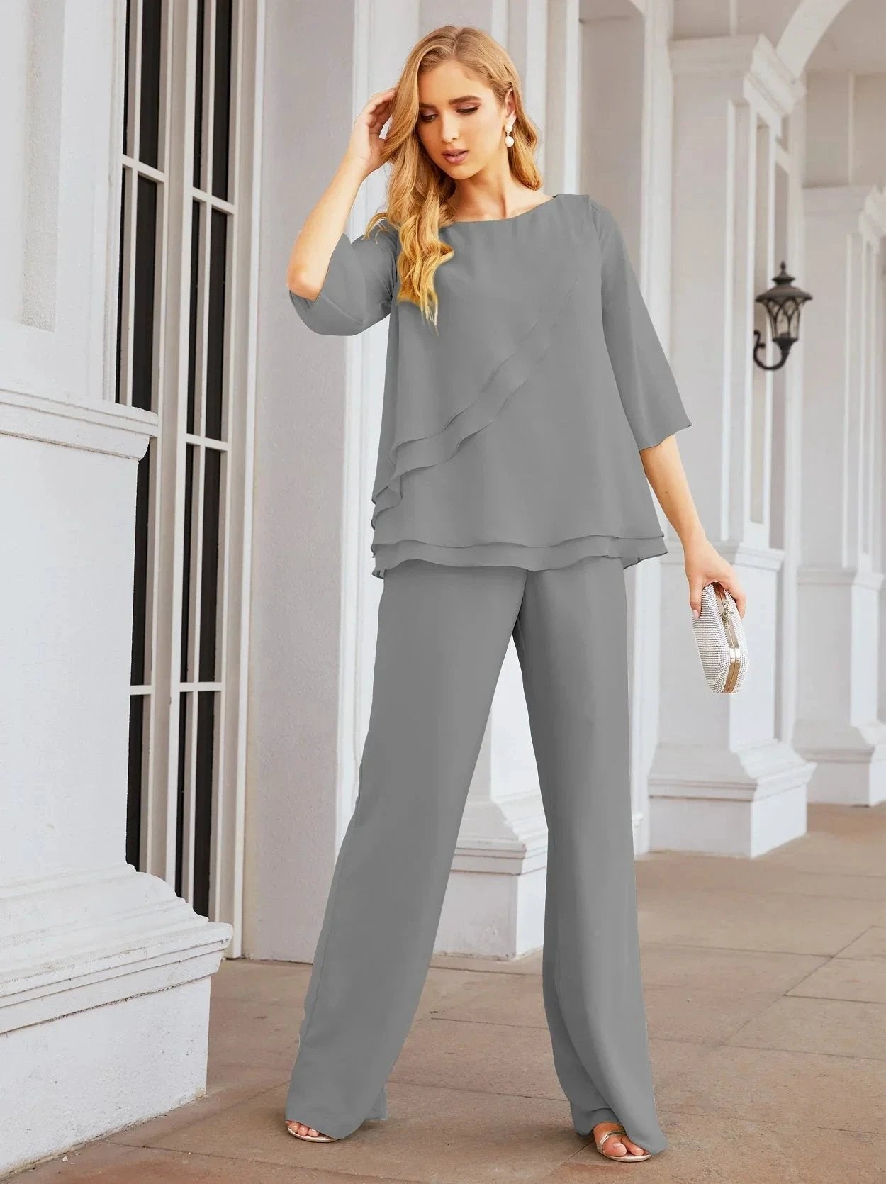 Sunnderly Elegant 2 Piece Mother of The Bride Dress Plus Size Pant Suits Ruffle Layers Sliver Housecoat SY28064 by numbersea