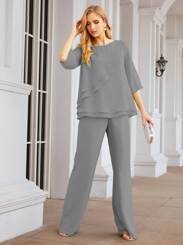 Sunnderly Elegant 2 Piece Mother of The Bride Dress Plus Size Pant Suits Ruffle Layers Sliver Housecoat SY28064