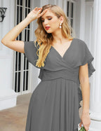 Numbersea Chiffon Bridesmaid Dresses Long Formal Evening Prom Mother of The Bride Dress with Flutter Sleeve     SEA28040