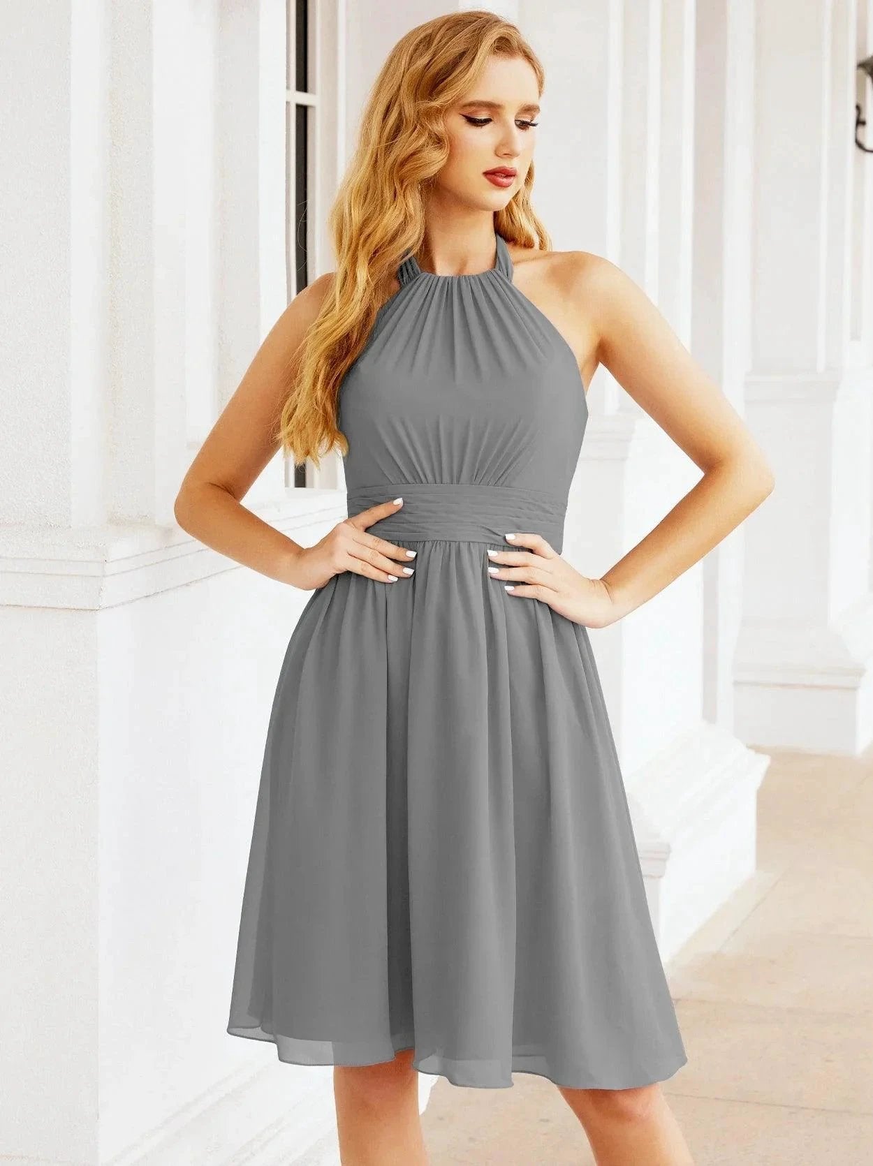 Numbersea Halter Chiffon Bridesmaid Dresses Short Sleeveless Formal Party Dress Open Back 28023 by numbersea