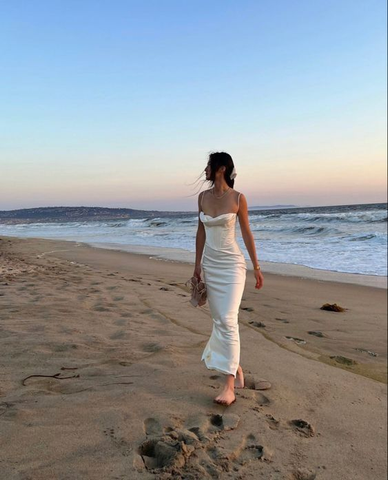 Elegante vestido de noche largo de sirena con tirantes finos en blanco, vestido de fiesta Y7513