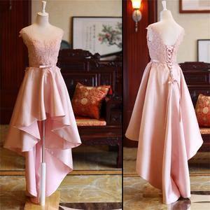 Pink High Low Scoop Lace Up Mid Back Satin Sleeveless Prom Dresses by Ombreprom
