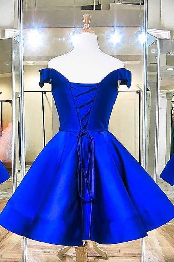 Robes de bal d'accueil en satin bleu royal à épaules dénudées PD041