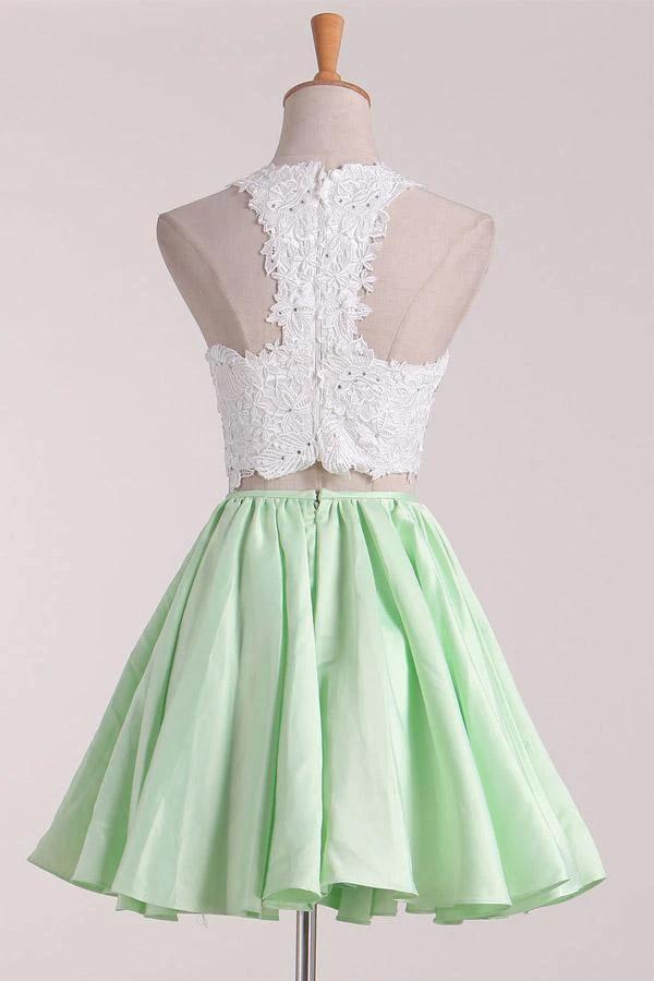 Two-Piece Scoop Homecoming Dresses A Line Satin With Applique PD411 by pgmdress