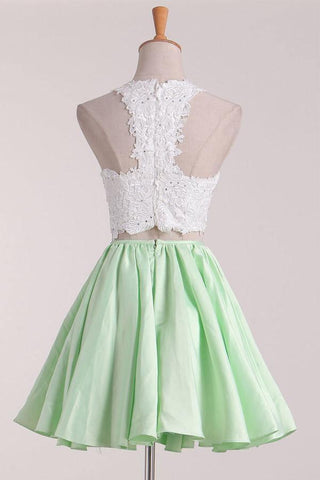 Two-Piece Scoop Homecoming Dresses A Line Satin With Applique PD411