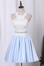 Two-Piece Scoop Homecoming Dresses A Line Satin With Applique PD411 by pgmdress