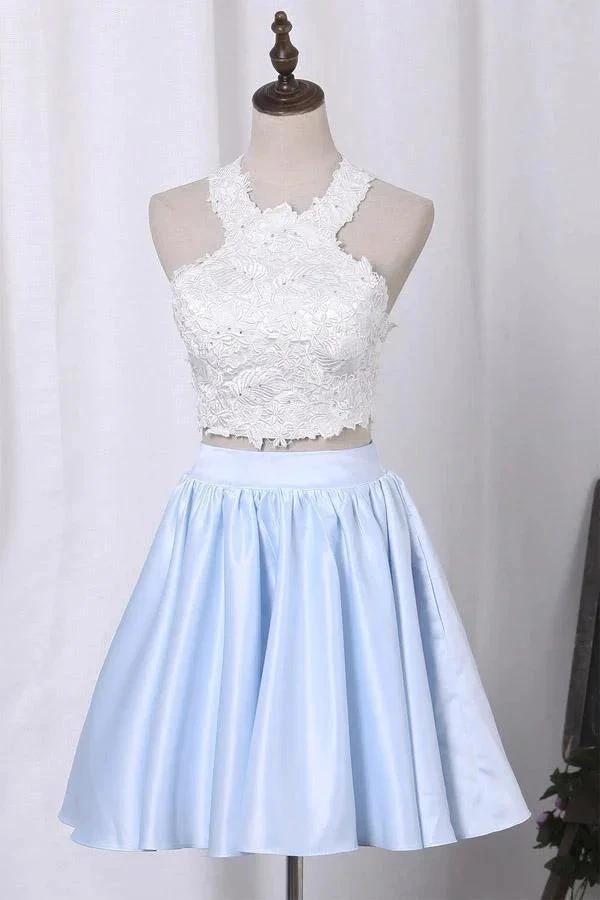 Two-Piece Scoop Homecoming Dresses A Line Satin With Applique PD411 by pgmdress