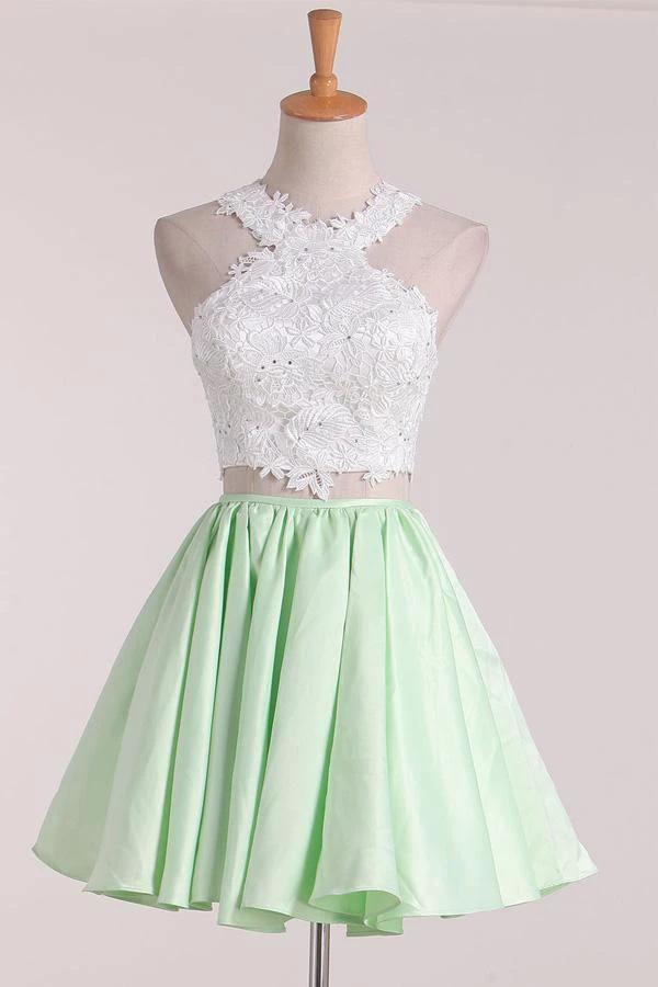 Two-Piece Scoop Homecoming Dresses A Line Satin With Applique PD411 by pgmdress