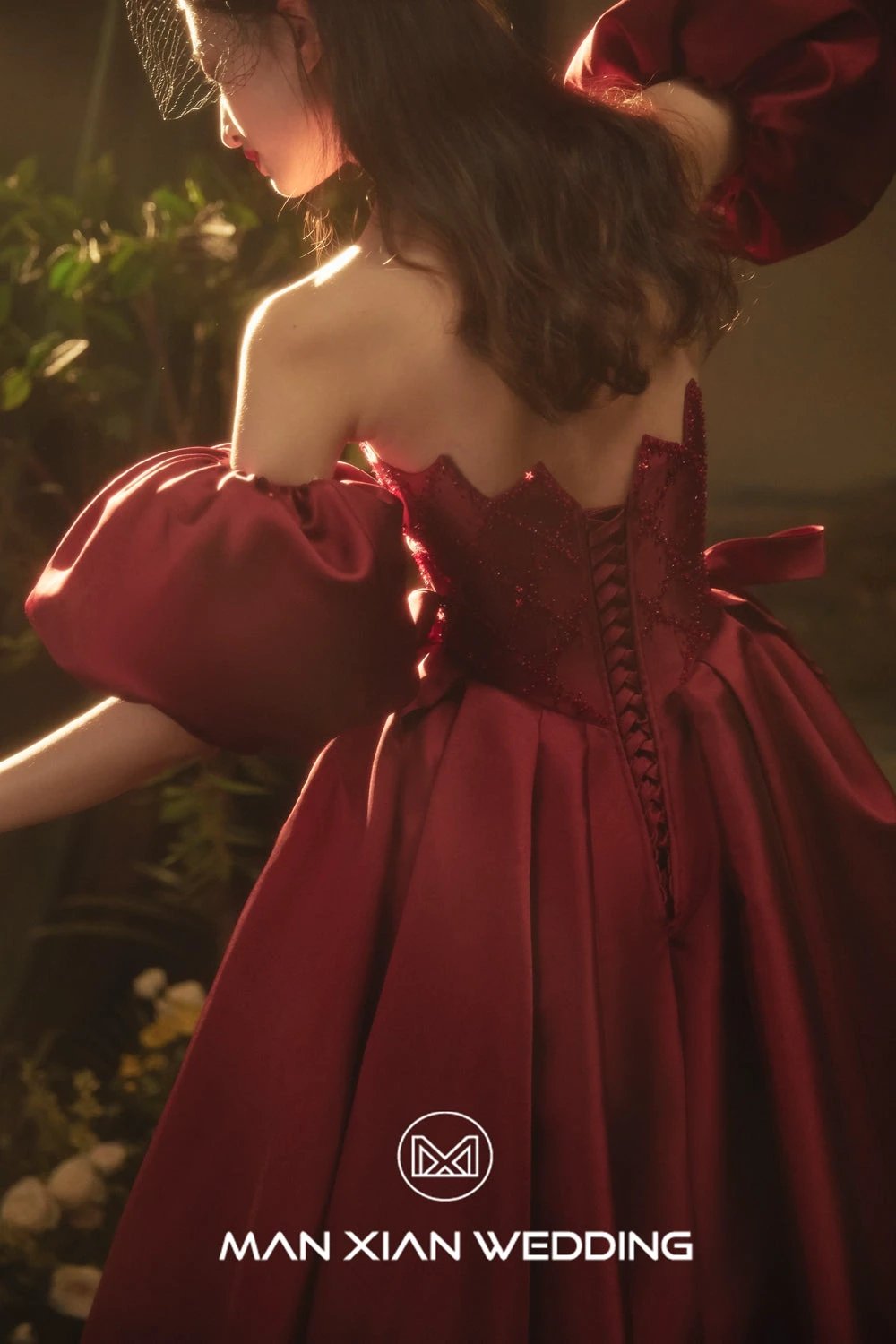 Opulent Burgundy Strapless Satin Ball Gown with Puff Sleeves & Sequin Bodice by ZAPDRESS