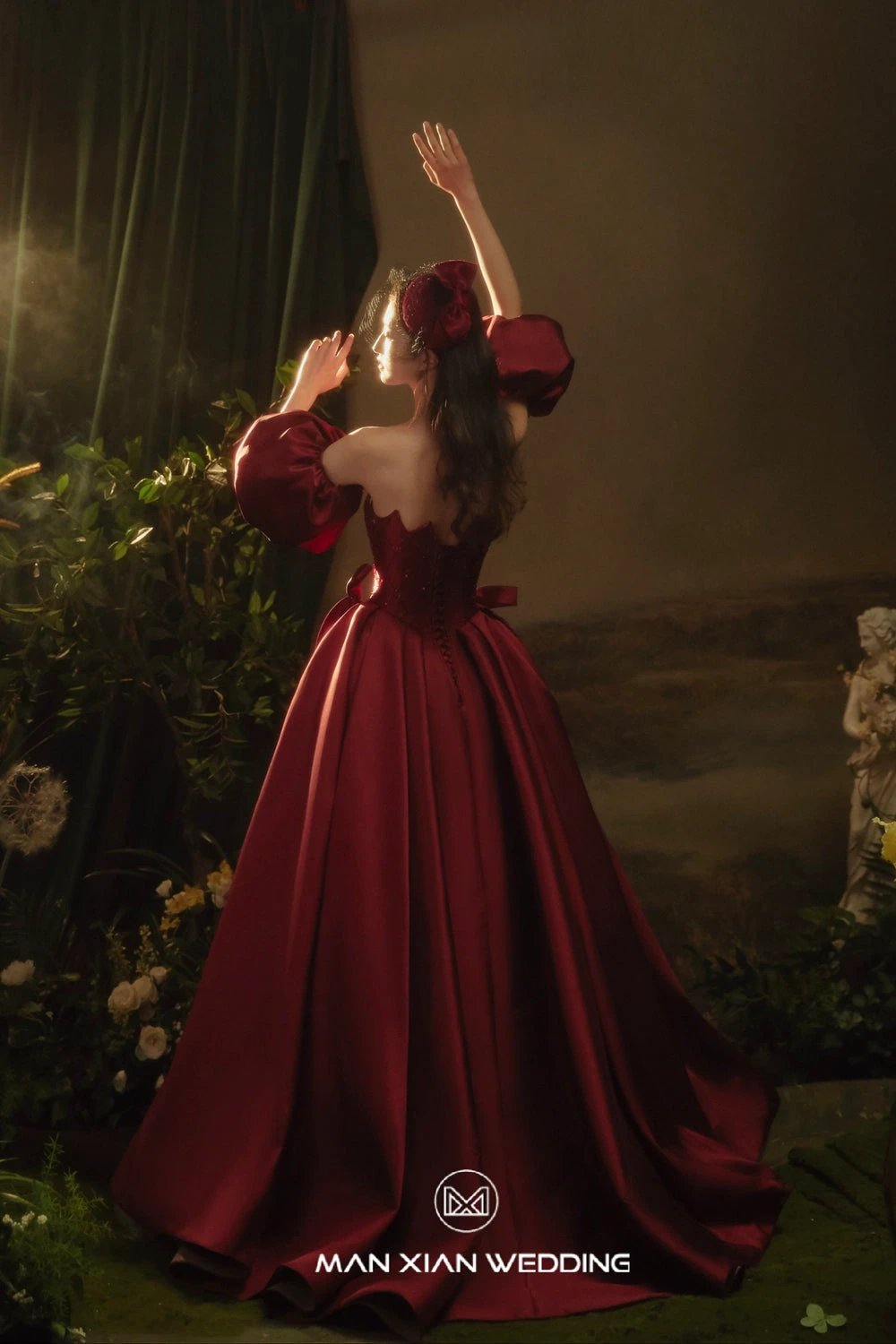 Opulent Burgundy Strapless Satin Ball Gown with Puff Sleeves & Sequin Bodice by ZAPDRESS